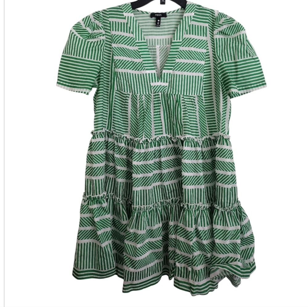 Aqua Green and White Striped Tiered Ruffled Mini Dress Size Medium - Picture 6 of 12